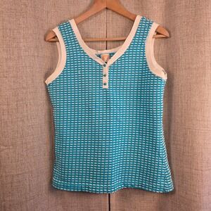 VTG Catalina Sportswear Henley Tank Top Womens L Turquoise White Knit 1/4 Button